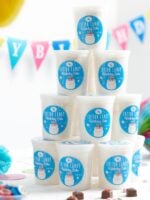 Birthday cake Cotton Candy tubs stacked in a tower