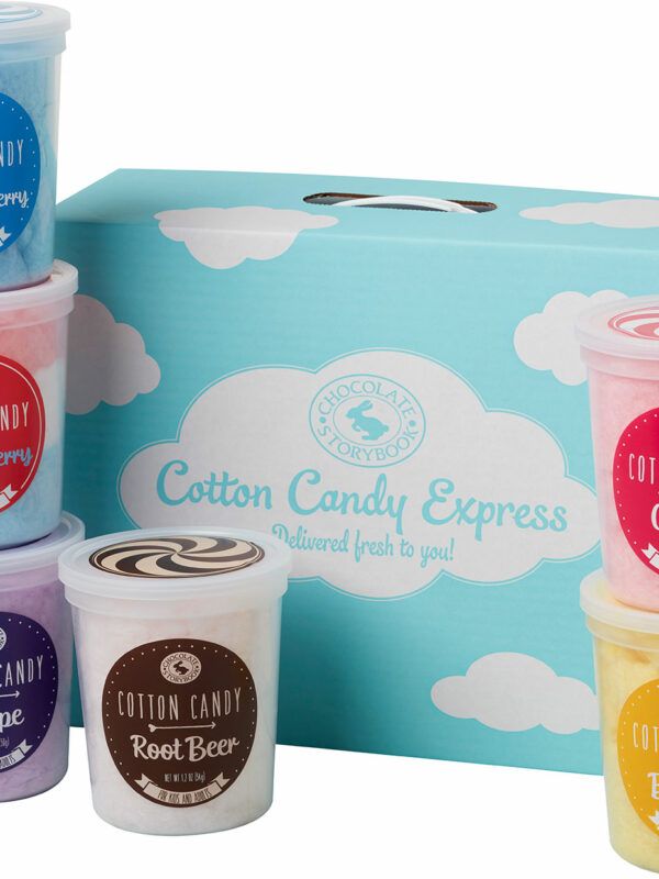 6 tubs of cotton candy in a box. Blue Raspberry, cherry berry, grape, root beer, classic pink, and banana flavors