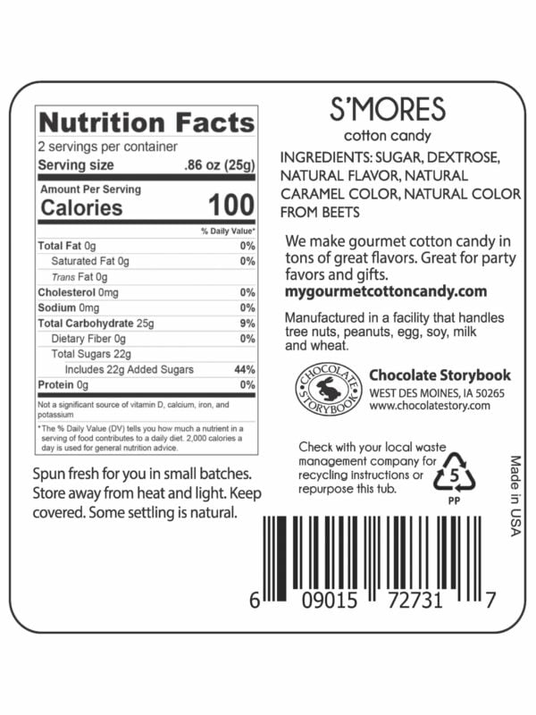 S'mores cotton candy nutrition label