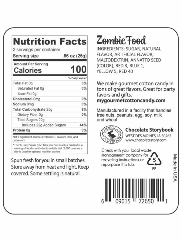 Zombie Food cotton candy nutrition label