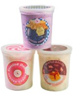 3 tubs of brunch cotton candy: blueberry Jam, Frosted Donut, Maple Bacon