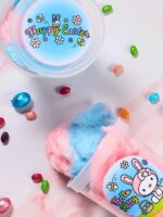 2 opened tubs of fluffy bunny cotton candy hello kitty